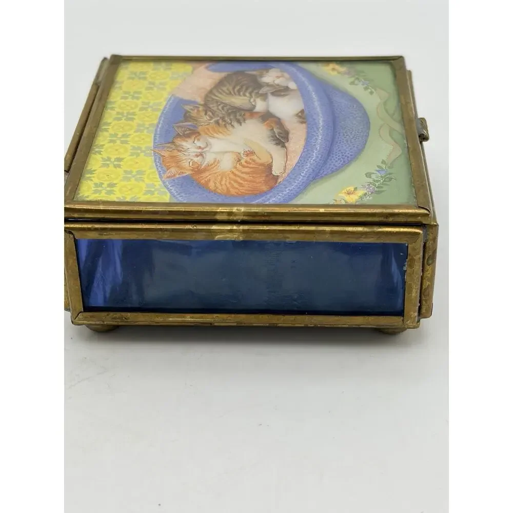 Vtg Via Vermont Stained Glass & Brass Mirrored Sleeping Cats Jewelry Trinket Box